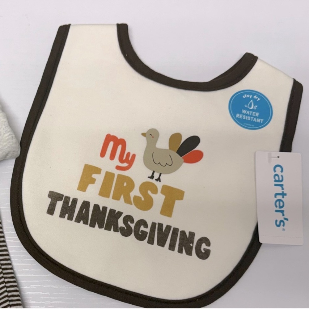 New! Carter's My First Thanksgiving 3-piece set, bodysuit, pants, & bib, 6 month - Picture 3 of 6